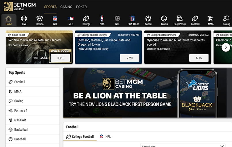 The BetMGM user interface.