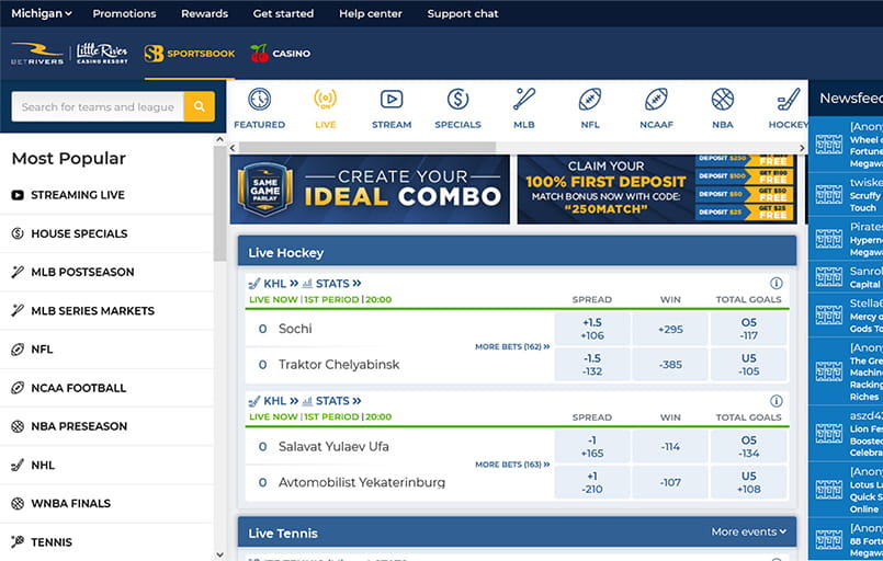 The BetRivers live interface.
